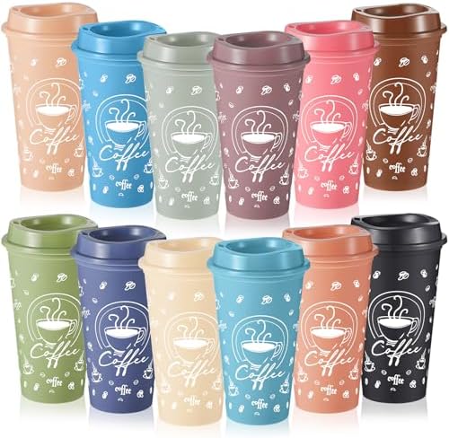 12 Sets Reusable Coffee Cups with Lids, 16oz, Morandi by Skybooly