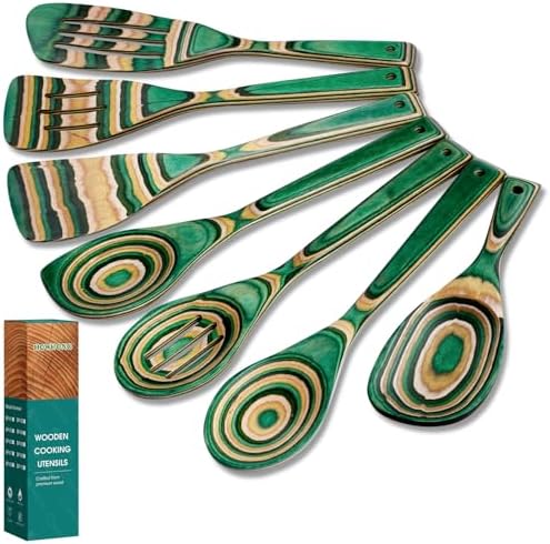 HOWHONG Wooden Spoons for Cooking, 7-Piece Pakkawood Wooden Utensil Set by HOWHONG