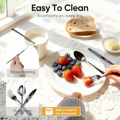 Travel Camping Utensils with Case, 6 Pcs Reusable Stainless Steel Silverware Cutlery Set, Spoon, Fork, Knife + Straw/Brush Kit for Camping, Travel, Office, Lunch Box, Eco On-the-Go (black) - Image 6