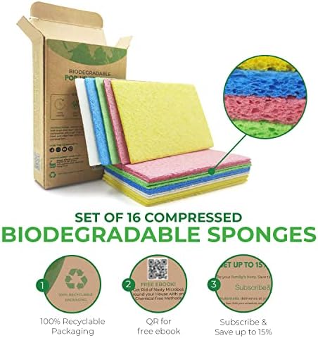 AIRNEX Compressed Cellulose Sponges - 16 Pack Natural Pop Up Dish Sponge for Kitchen - Compostable Plant-Based Cleaning Sponges Bulk – Non Scratch Natural Sponge for Dishes & Household Cleaning - Image 3
