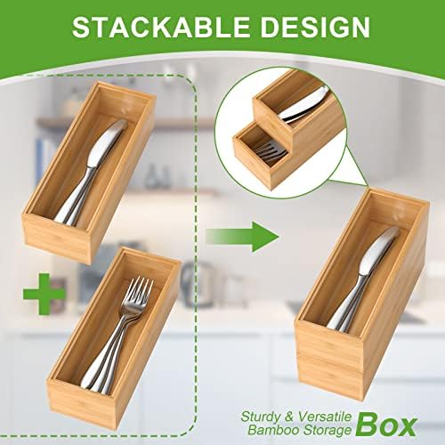 Lixple Bamboo Drawer Organizer – Set of 2 Stackable Storage Boxes, Silverware Tray & Small Gadget Holder for Kitchen Drawers, 9" x 3" x 2" (Outer), 8.3" x 2.3" x 1.77" (Inner) - Image 6