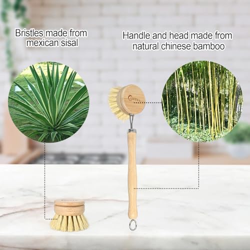 Bamboo Dish Brush with Handle - Soft Bristle Plastic Free Potato Scrubber Brush Compostable & Sustainable Produce Brush for Dishes Pots and Pans - Image 3