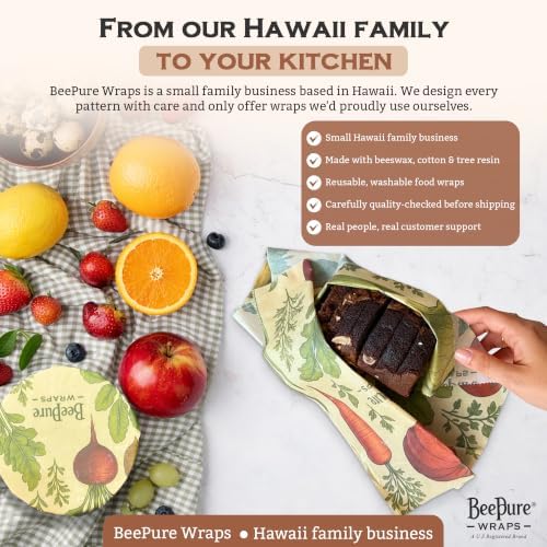 Reusable Beeswax Food Wrap Roll - Cut-to-Size 15 x 80 in, Eco-Friendly Food Storage Wrap, Bees & Veggies Garden Vegetable Design - Image 5