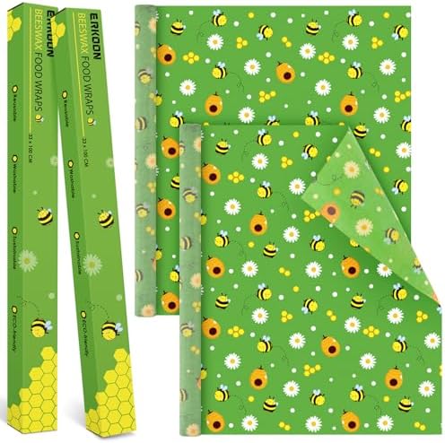 Beeswax Food Wraps 2 Roll 13 x 39 Inch Reusable Beeswax Wraps Eco-Friendly Sustainable Food Storage Wraps for Sandwich, Cheese, Fruit, Bread, Snacks by ERKOON
