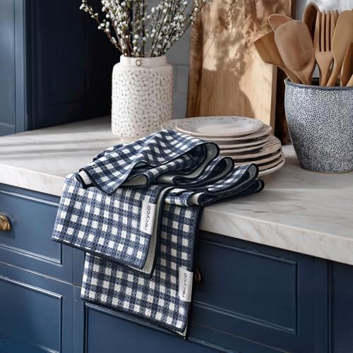 RECYCO Waffle Kitchen Towel Set of 2 - Quick Dry Microfiber Sustainable Dish Towels - Ultra Absorbent Reusable Cleaning Tea Towels - Lightweight Hand Towels,16”x 28”, Navy Blue Plaid by RECYCOHOMECOLLECTION
