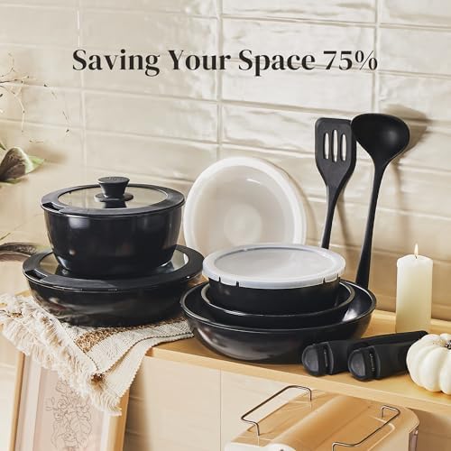 Redchef 16pcs Ceramic Pots and Pans Set Non Stick, Nonstick Kitchen Cookware Set with Detachable Handle, Non Toxic, PFAS PFOA & PTFE Free, RV Cookware Set for Camping, Dishwasher/Oven Safe (Black) - Image 5
