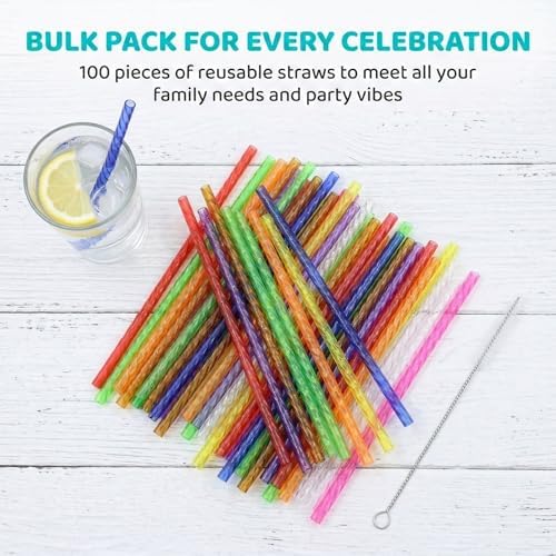 Reusable Drinking Straws 100 Pack, Assorted Color Plastic Straws, 9 Inch, Easy Clean with Brush, Durable & Dishwasher Safe for Cold Drinks & Kids - Image 3