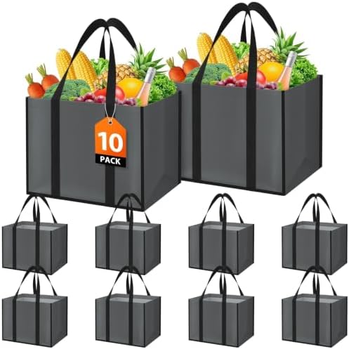 WISELIFE Reusable Grocery Bags with Handles, Foldable, 35L, 10 Pack, Gray by WiseLife