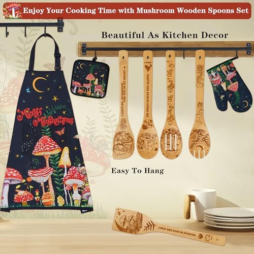 Mushroom Kitchen Decor Bamboo Cooking Spoon with Apron Oven Mitt Pot Holder Utensil Set -Mushroom Kitchen Accessories,Home Decorations Gifts for Women-Housewarming,Easter,Birthday Gift,8PCS - Image 5