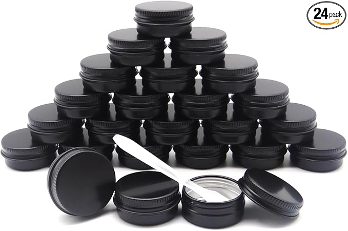 10ml Aluminum Tin Jar, 1/3 oz Makeup Containers, 10g Aluminum Screw up Lid Small Round Container Bottle for Cosmetics, Lip Balm, Cream, Toner, Eyeshadow, Candle Tea Beads, 24 Pack Black Tins