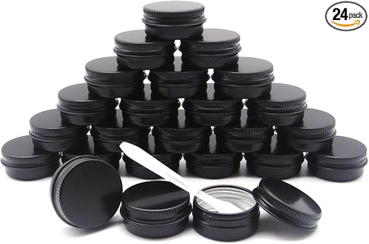 10ml Aluminum Tin Jar, 1/3 oz Makeup Containers, 10g Aluminum Screw up Lid Small Round Container Bottle for Cosmetics, Lip Balm, Cream, Toner, Eyeshadow, Candle Tea Beads, 24 Pack Black Tins