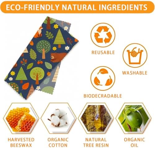 LENARKU Reusable Beeswax Wrap, Forest Animals Wraps, 9 Pack Eco-Friendly Food Storage, Organic Cotton, Sustainable, Zero Waste, Plastic-Free, Sandwich & Snack Covers, 1XL, 3M, 5S - Image 3