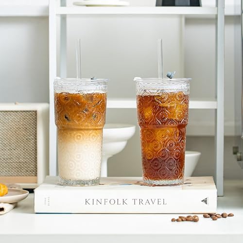 SoulTimes 20oz Begonia Flower Glass Tumbler with Bamboo Lid and Straw–Iced Coffee Glasses Cups for Smoothie, Matcha, Juice, Water etc. Leakproof and Reusable Glassware Drinking for Travel To Go [2Pcs] - Image 2