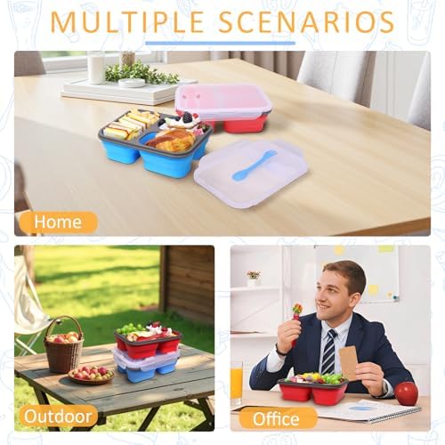 Big Collapsible Silicone Bento Lunch Box, 2 Pack with 3 Compartments Each,45.6oz Food Storage Containers with Spoons Forks, Portable for Work, Picnic, Travel, BPA Free - Image 3