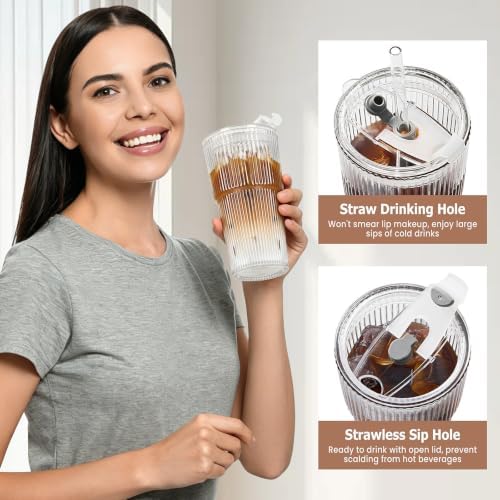 TUZAZO 20 Oz Ribbed Glass Coffee Tumblers with Lids and Straws, 4 Pack - Image 4
