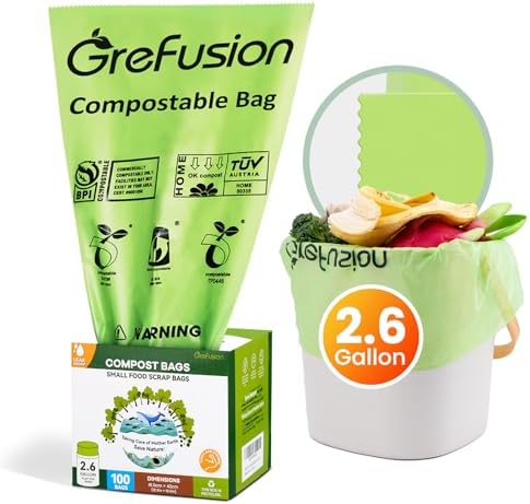 GreFusion 2.6 Gallon Compostable Trash Bags, 100 Count, Extra Thick 0.71 Mil, Certified by BPI and ASTM D6400, Perfect Fit for Small Trash Cans by GreFusion