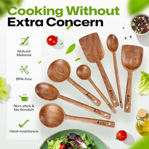 AIUHI 7 pcs Wooden Kitchen Utensil Set, Wooden Cooking Utensils Including Wood Spoon & Spatula, Non-stick Safe Wood Spoon for Cooking - Image 5