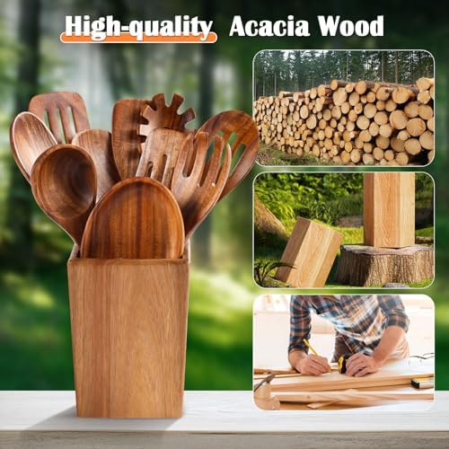Wooden Spoons for Cooking, 11 Pcs Wood Cooking Utensils Set with Holder, Natural Acacia Wooden Kitchen Tools, Nonstick Cookware, Easy Clean, Kitchen Utensil Set for Mom, Wife Cooking Gifts - Image 3