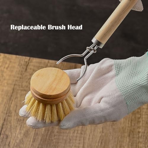 Bamboo Dish Brush with Handle, 1 Sturdy Wooden Handle with 3 Natural Bristle Heads, Horsehair, Sisal, Palm - All Purpose Kitchen Scrubber, Bamboo Wok Brush, Fruit and Veggie Scrubber - Image 6