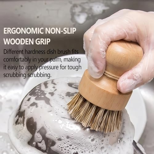 Wood Dish Brush, Natural Fiber Kitchen Scrubber with Ergonomic Grip, 3 Pack - Image 6
