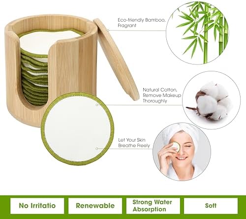 16PCS Reusable Cotton Pads Makeup Remover Face Cotton, Bamboo Storage Box Soft Facial Round, Washable Laundry Zero Waste Cleansing Wipes Storage Bamboo Box Bag Holder for Skin Care Gifts Exfoliating - Image 3
