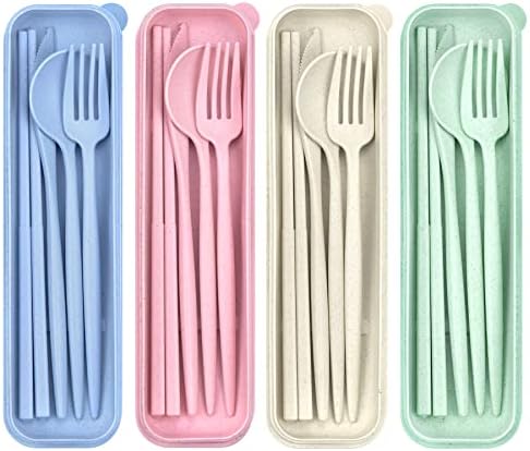 DISSKNIC 4 Sets Travel Utensils with Case, Cutlery Set Chopsticks Fork Spoon Knife with Case, Reusable Plastic Utensils Sets for Lunch Box Accessories,Portable Lunch Box Utensils Set for Daily Use by DISSKNIC