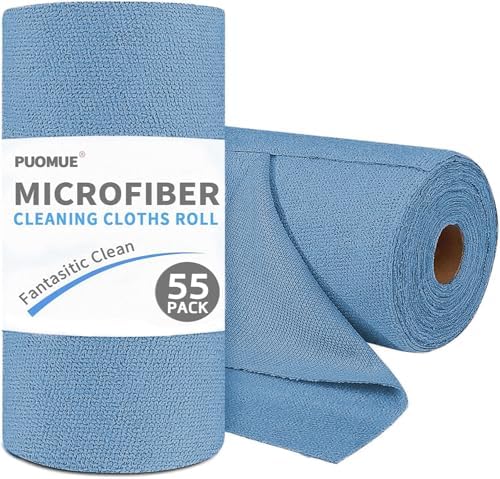 Puomue 55 Pack Microfiber Cleaning Cloth Roll, Tear Away Reusable Towels, 11" x 9", Ultra Absorbent & Lint Free Microfiber Cloth for Cleaning, Kitchen, Window, and Shop (Navy Blue, 9”x11”-55PK) by Puomue