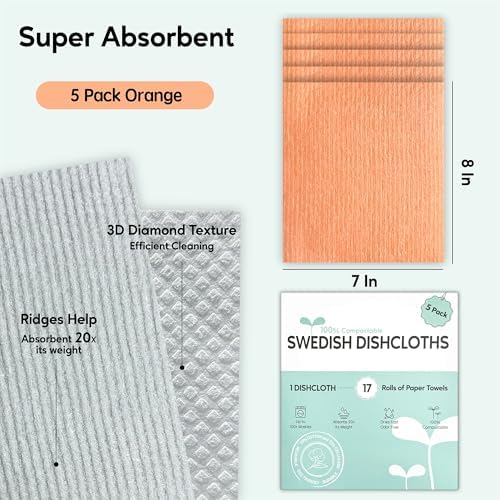 Swedish Dishcloths for Kitchen, 5 Pack Swedish Dish Cloths, Ultra Absorbent Reusable Paper Towels, Cellulose Sponge Cloths, Quick Drying, No Odor, Dishwasher Safe Orange - Image 2