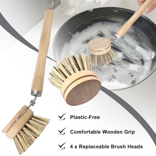 5 Pc Wood Dish Brush, 4 Palm Heads with 1 Handle - Image 3