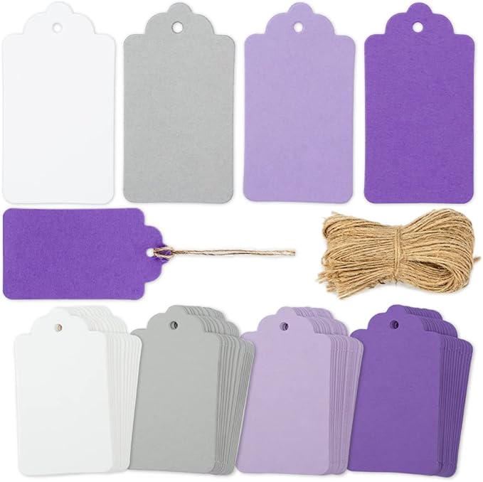 SallyFashion 170PCS Gift Tags with String Attached, 1.8x3.4 inch Multicolored Hanging Tags Purple Gray White Wedding Birthday Holiday Party Favors