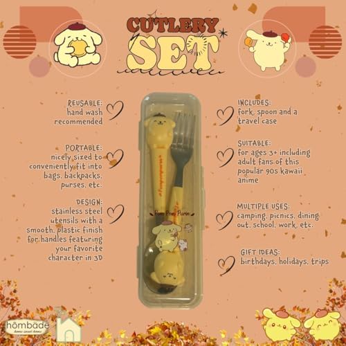 Stainless Steel Cutlery Tableware Flatware Silverware 3 Piece Set Portable Reusable Travel Cute Kawaii Anime Cartoon Dog Bunny for Boys and Girls (Yellow Pom Pom) - Image 3