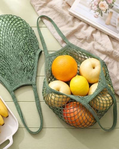 Eccliy 12Pcs Reusable Cotton Mesh Grocery Bag with Handle, Green, 10 in - Image 3