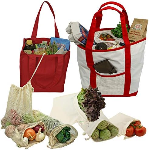 Simple Ecology Reusable Grocery Shopping 8 Bag Gift or Starter Set, Washable, Durable, Organic Cotton, Natural with Red by Simple+Ecology