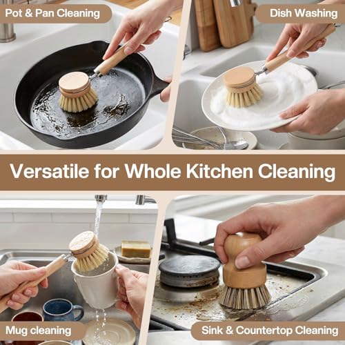 5 Pcs Bamboo Dish Brush Set Includes 1 Wooden Handle with 3 Natural Replaceable Bristle Heads and 1 Handheld Bamboo Wok Brush Scrubber for Dishes Pans Pots Fruit and Veggie Washing(Style B) - Image 7
