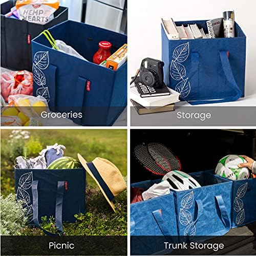 PLANET E Reusable Shopping Bags, Heavy Duty Foldable Grocery Bags with Handles, Large Collapsible Box Totes with Reinforced Hard Bottom, Pack of 3, Navy - Image 6