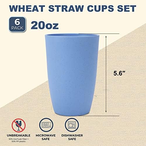 Wrova Wheat Straw Cups 6 PCS Good Alternative to Plastic Reusable Cups 20 oz Unbreakable Drinking Cup Reusable Dishwasher Safe Water Plastic Glasses Sky Blue - Image 2