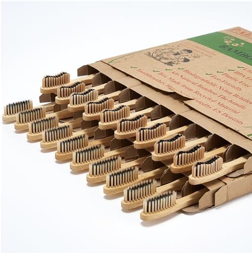 20 Count Bamboo Toothbrushes (Soft+Medium), Natural Wood Toothbrush Bulk, Eco-Friendly, BPA Free, Biodegradable & Compostable Charcoal Wooden by paeyaer
