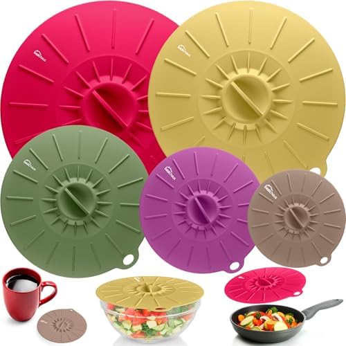 Silicone Lids for Food Storage - 5 Pack - 5 Sizes - Food Grade - Reusable Silicone Bowl Covers for Pots and Pans - Microwave Splatter Cover - Fits Cups, Plates,-Stove, Oven, Fridge, Dishwasher Safe by BasicHaus