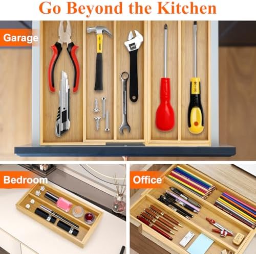 Large Bamboo Kitchen Utensil Drawer Organizer Expandable Silverware Tray - Image 3