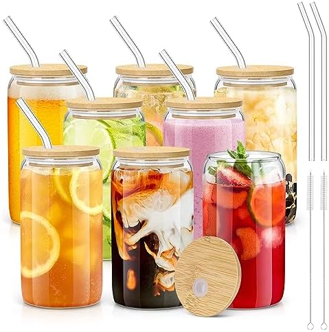 Glass Cups with Lids and Straws - 16 oz Glass Drinking Cups Set for Coffee by sungwoo