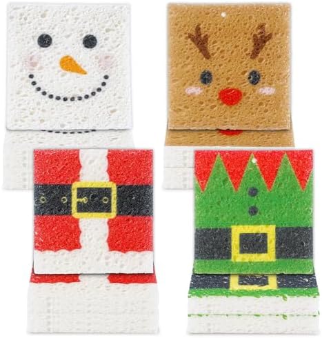 Whaline 8Pcs Christmas Character Kitchen Sponges Santa Reindeer Snowman Elf Water Absorbing Dish Washing Sponge Non Scratch Cleaning Scrub Sponges for Holiday Home Kitchen Bathroom by Whaline