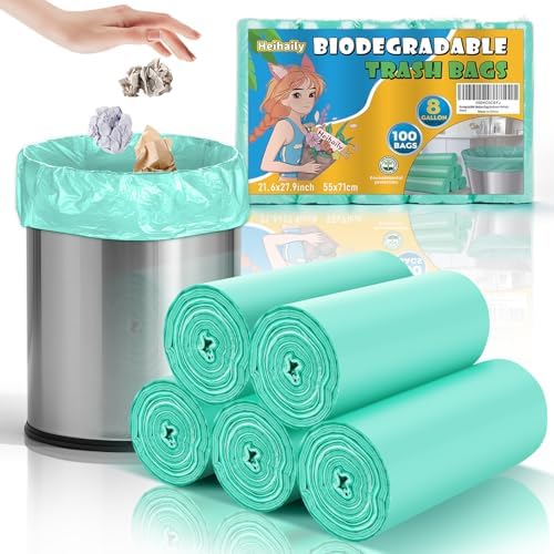 Biodegradable Medium Trash Bags 8 Gallon - Compostable Clear Green Garbage Bags Unscented 100 Count Strong Thick Waste Basket Can Liners for Home Office Bedroom Heihaily by heihaily