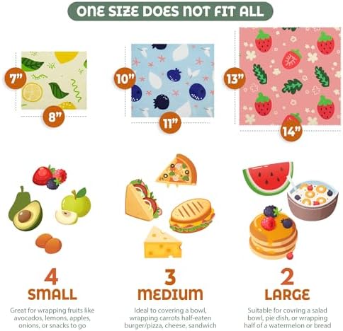 Akeeko Reusable Beeswax Food Wraps - Assorted 9 Packs, Reusable, Plastic-Free Food Storage, 4 Small, 3 Medium, 2 Large Wraps with Assorted Fruits Pattern - Image 2