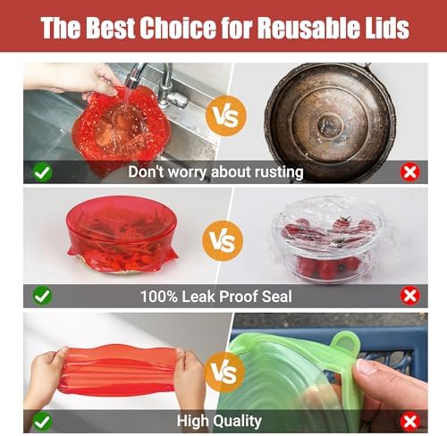 Silicone Stretch Lids for Food Storage in Fridge, Reusable Elastic Bowl Covers for Cup, Cans, Jars, Round & Rectangle Container, Food Grade Silicone Microwave Food Cover, Red, 6PCS - Image 4