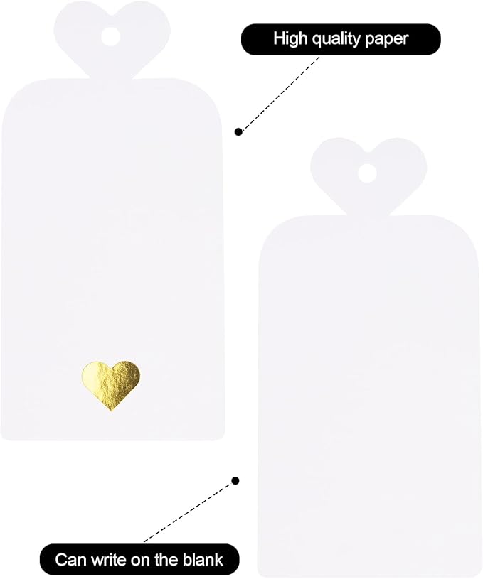 joycraft 100pcs Blank Gift Tags with String, 4x2 in White Paper Tags with Foil Gold Heart, Personalized Gift Wrapping Labels for Birthday, Baby Shower, Wedding, Valentine's Day