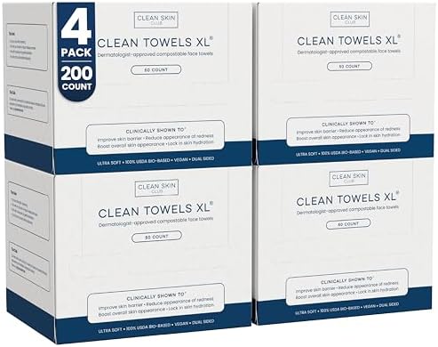 Clean Skin Club Clean Towels XL®, 100% USDA Biobased Face Towel, Disposable Face Towelette, Eczema Association Accepted, Makeup Remover Dry Wipes, Ultra Soft, 50 ct per pack, 4 Packs, 200 Ct Total by CLEANSKINCLUB