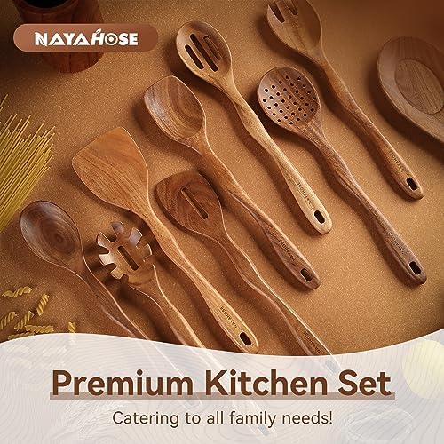 Kitchen 10PCS Teak Wooden Utensils Set With Holder and Spoon Rest - Image 2