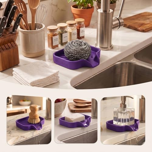 MicoYang Silicone Soap Dish with Drain Spout, Self-Draining Sink Organizer Tray for Bathroom and Kitchen, Sponges, Dispensers and Soap Holder, Non-Slip and Dishwasher Safe, Purple (Compact, 4.9"×3.2") - Image 3