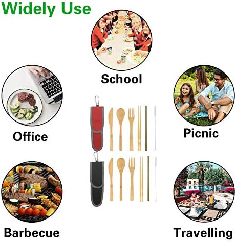 UPTRUST 2 Set Bamboo Cutlery Set Bamboo Travel Utensil Reusable Organic Bamboo Utensil Fork Knife Spoon Chopsticks Straw Cleaning Brush for Travel Picnic School Office（Black & Red） - Image 6