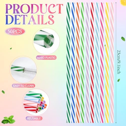 Honeydak 50 Pcs Reusable Plastic Straws Bulk,Multicolor Stripe - Image 2